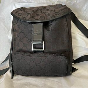 GUCCI Authentic Vintage GG Monogram Black Canvas Flap Backpack Leather Trim